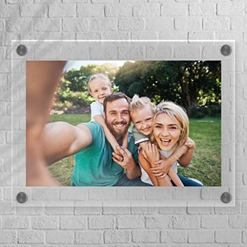 Cornice Acrilica a Parete 13x18 cm con Distanziatori Cromati | Espositore Floating in Plexi Trasparente | Doppio Pannello 3mm per Foto Cartoline ecc | Kit Montaggio Incluso