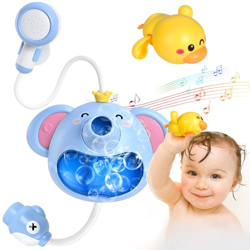 Trulloyoo Jouet de Baignoire pour Enfants Jouet de Bain Bébé à partir de 1 2 3 4 5 6 Ans Douche d'éléphant avec Machine à Bulles Pommeau de Douche Musical Jouet d'eau de Canard Enfants Cadeau Fille