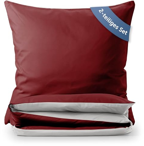 Blumtal Wendebettwäsche 135x200cm 4teilig - aus atmungsaktiver Mikrofaser - 2X Bettbezug 135x200 + 2X Kissenbezüge 80x80 - Oeko-Tex - weiches & bügelfreies Bettwäsche-Set Rot/Hellgrau