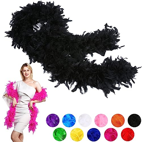 80g Black Feather Boa Thick Fancy Dress for Adults,Kids,2m/6.6ft Natural Turkey Feather Boa Black,Party Fluffy Boa Feather Scarffor Bulk for Women,Girls,Wedding Bachelor Halloween Christmas Party