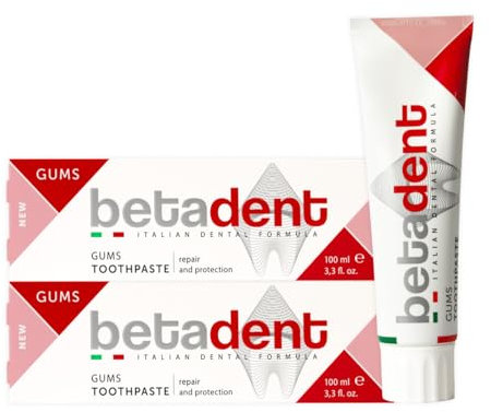 Betadent Set mit 2 Zahnbürsten GUMS für empfindliches, entzündetes und gereiztes Zahnfleisch. Repariert und schützt. Anti-Plaque und antibakteriell. Sanfte Formel nicht scheuernd - 2 x 100 ml