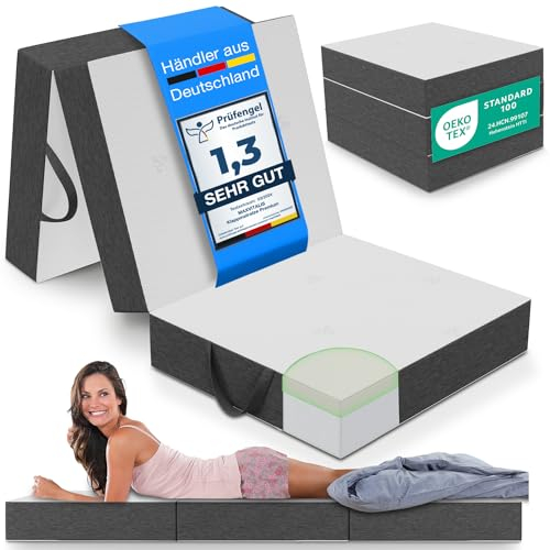 ELONEO Premium Visco Klappmatratze 90x200 cm, extra hoch 15 cm, Gästematratze klappbar, Faltmatratze, Faltbare Matratze, Bandscheibenwürfel, Reisematratze, Gästebett klappbar, Klappbett waschbar