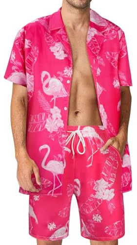 Aomig Hawaiiansk skjorta och shorts set för män, herr funky strand flamingo tryck skjorta set, sommar vardag aloha skjortor, herr normal passform button-down kortärmad daglig tropisk strand semester