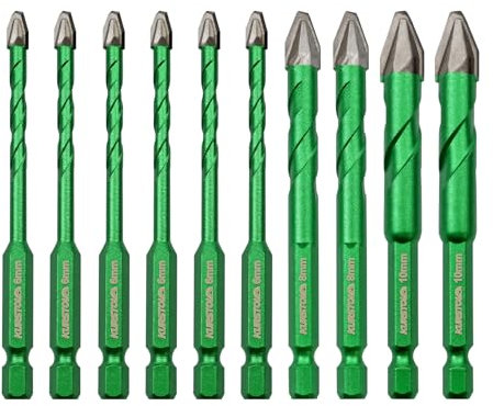 KURSTOL Broca Excéntrica de Cabeza Sesgada - 10 piezas 6/6/6/8/10mm*2 Juego de Brocas para Baldosas de Cerámica, Azulejos, Madera, Plástico, Mampostería, Mármol, Vástago de Cambio Rápido