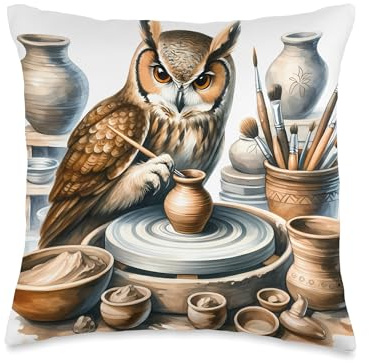 Owl Potter Shaping Vase On Wheel. Clay Pottery Craft Throw Pillow