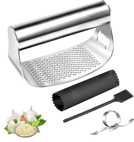 4-Teilige Knoblauchpresse Aus Edelstahl Mit Wippe, Silikon-Knoblauchschäler Und Einfacher Reinigung Für Knoblauch Und Ingwer
