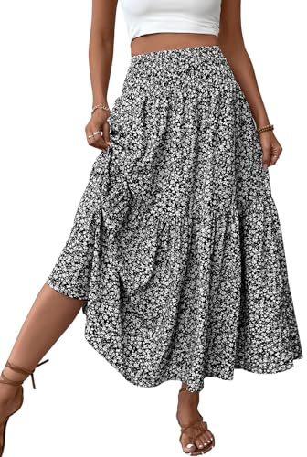 TuoGo Women’s Summer Boho Elastic Waist Pleated A-Line Flowy Swing Tiered Long Beach Skirt Dress with Pockets (L,932-Black Floral)