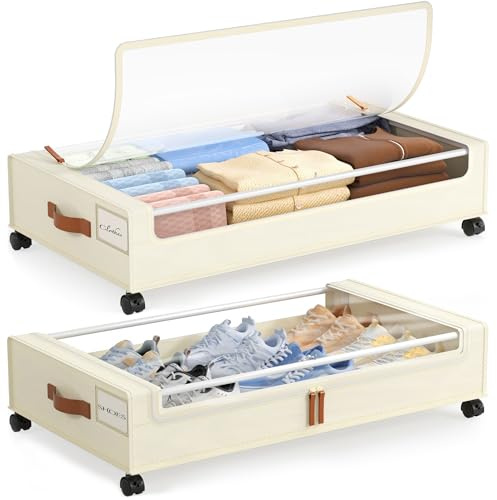 LAMU Under Bed Storage with Wheels, 2Pack Underbed Storage Containers,Beige