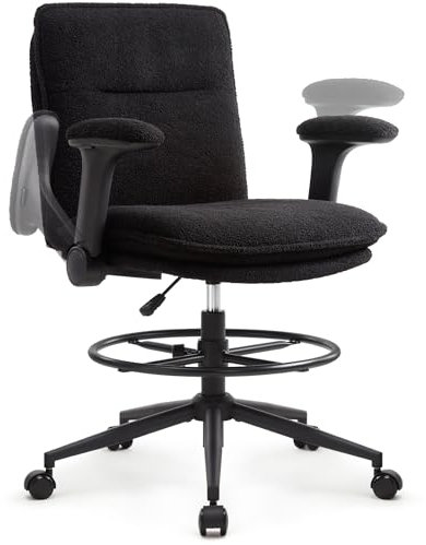 IWMH Arbeitsstuhl, Ergonomisches Bürostuhl, höhenverstellbarer Zeichenstuhl, Drehstuhl mit Verstellbarer Fußstütze und klappbaren Armlehnen (Schwarz)