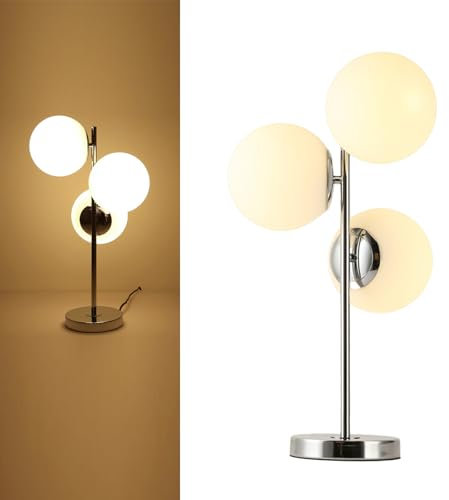 Alpinaluz Lampada da tavolo in acciaio cromato – Design decorativo con tripla sfera in vetro opale bianco Ø15 cm – 3 attacchi E27 – Elegante illuminazione per soggiorno, camera da letto o ufficio