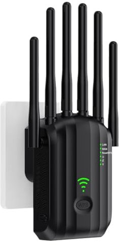 Repetidor WiFi, Amplificador de Señal WiFi,6 Antenas, 2 Puertos LAN,Extensor WiFi/Router/Repetidor/Ap Modo,Cobertura Total de 360°,Cobertura de hasta 1200 pies Cuadrados, para hogar y Oficina (Negro)