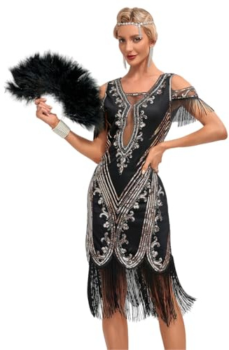 VILOREE Elegant paljettklänning för kvinnor, axellös dansklänning, bodycon balsal, klänningar, klubbkläder med tofsar fransklänning, Svart och guld, S