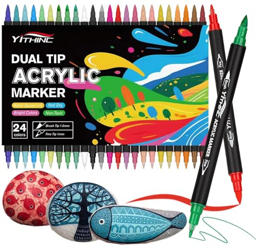 YITHINC Pennarelli acrilici a doppia punta, 24 colori 1-5 mm Pennarelli acrilici permanenti a doppia punta per pietra, vetro, tela, metallo, legno, porcellana, ceramica, metallo, plastica