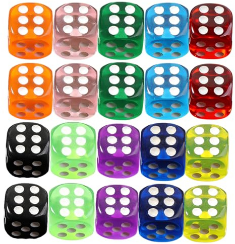 ZORVYN 20 pièces Dés en Acrylique avec Coins arrondis, 6 Faces pour Jeux de Société, à Jouer, Accessoires, Tapis de Jeu, Idéal pour Yahtzee et Pions de Jeu (14mm) (Multicolore, 10 Couleurs)