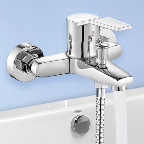 Mitigeur monocommande Douche, Robinet Baignoire à Montage Mural Apparent, Robinet Douche Universel Filetage 1/2, Mitigeur Douche 2 Sorties pour Bain et Douche, Mitigeur Baignoire Chromé
