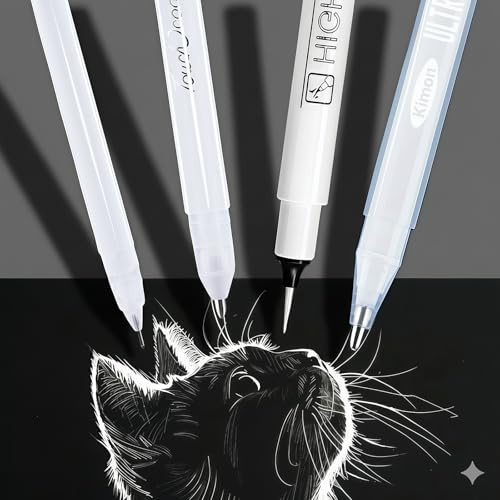 Cosyhav 4 Pcs White Pens for Art, Professional White Gel Pens (0.6mm, 0.8mm, 1mm) and 1 Fine Liner Art Pen with Flexible Tip, for Artists, Manga, Sketching on Dark Paper