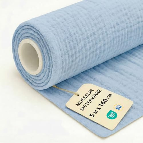 Tyg Metervara Muslin Bomull 5 M x 160 cm Lätt Sytyg – Mjukt Andningsaktivt för Filt Bordslöpare Sommarklänning Baby Accessoarer Luftigt Skönt med Oeko Tex Himmelsblå