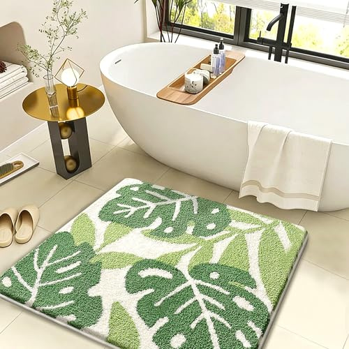 AMZkklo Non-Slip Bathroom Rug, Soft Absorbent Monstera Plant Print Rug, Rubber Anti-Slip Backing, 3s Absorbs Foot Sweat, Easy Clean & Machine Washable for Shower Floor & Bathtub, 32x32