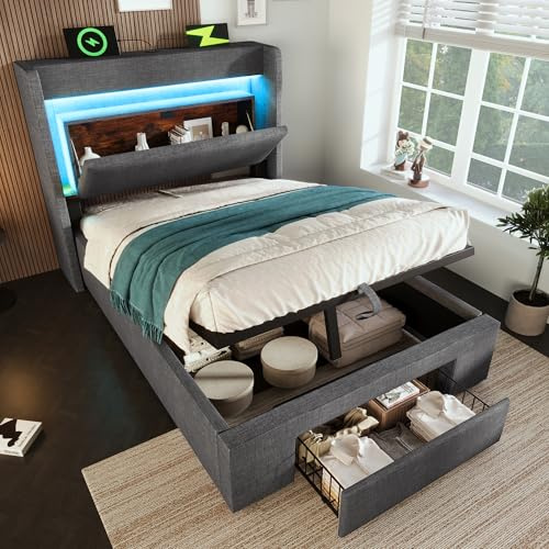 Lubvtti Cama acolchada con LED, puertos USB y tipo C, cama individual con almacenamiento hidráulico, cabecero con compartimento de almacenamiento, estructura de cama 90 x 200 con somier de láminas de