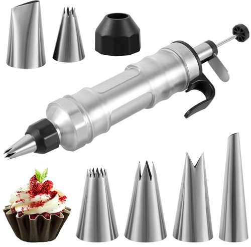 Siringa per contorno in acciaio inox, siringa per torta con 6 beccucci, gadget per cupcake fai da te, siringa riutilizzabile per cupcake, torte, pasticcini