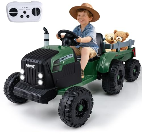 COSTWAY 24V Ride on Tractor with Trailer, Kids Electric Car with Remote Control, 15° Climbing, Music, Wireless, 2 Motors Battery Powered Ride on Cars for 3-8 Years Old (Dark Green)