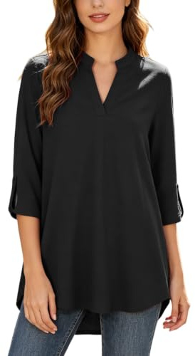 Generico Blusa da Donna con Colletto Mandarino E Scollo V Fendu Maniche Tre Quarti Orlo Curvo Alto-Basso vestibilità Ampia Tessuto Leggero per Primavera Ed Estate(Black, XXXXL)