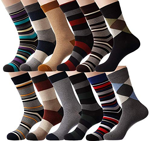 YEJIMONG Men’s 12 Pairs Cotton Colorful Stripe Argyle Designed Business Dress Socks Size 8-12 (Assorted-1)