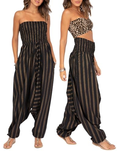 likemary Tuta Jumpsuit Donna in Cotone Stile Harem - Tirare Giù per fare Harem Pants - 2-in-1 Vestito - Tuta Intera Estiva & Pantaloni Harem con Tasche - Strisce Oro Nero Stampate