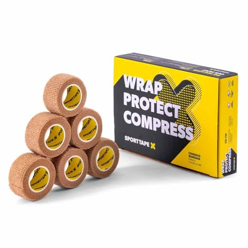 6 Rolls SPORTTAPE Cohesive Finger Tape - 2.5cm x 4.5m | Compression Bandage - Beige | Self-Adhesive Wrap | Thumb Tape, Toe Tape, Goalkeeper Finger Tape | First Aid Tape & Medical Tape