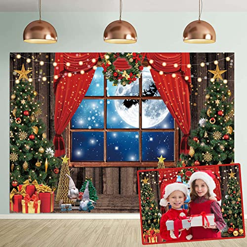 TENCOW – Toile de fond pour photographie de fenêtre de Noël, arbre de Noël, cadeau, style rustique, fenêtre en bois, nuit au clair de lune, décoration pour bébé, enfants, famille, fête, bannière, 2,4