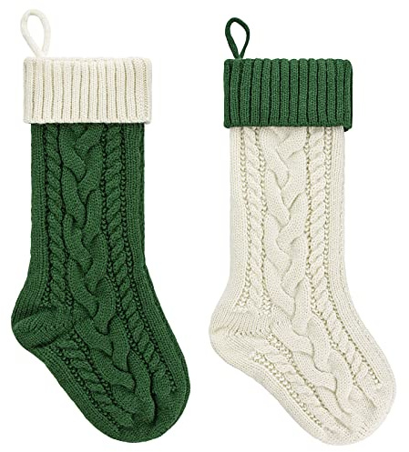 PETOX 2 Pack 18 Personalized Christmas Stockings, 18inch Large Cable Knitted Xmas Hanging Stocking Decorations for Holiday Christmas Party Family Decor (Lvory/Green)