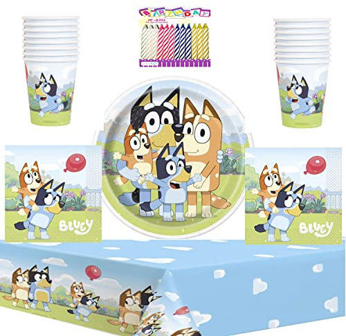 Bluey Party Supplies Pack Serves 16 Guest: With Table Cover, Plates, Napkins, Cups with Birthday Candles