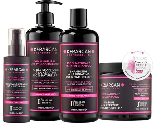 Kerargan - Ultra Reparerande Set Schampo, Balsam, Mask & Serum med Keratin för Skadat och Stressat Hår - Revitaliserar & Skyddar - Utan Sulfater, GMO, Silikon - 3x500 ml + 100 ml