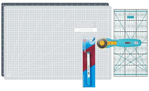SEMPLIX Skärmattor set – skärunderlägg 45 x 30 cm (A3), rullskärare Maxi, lapptäcke linjal + PRYM Aqua trickmarkör (grå/turkos)