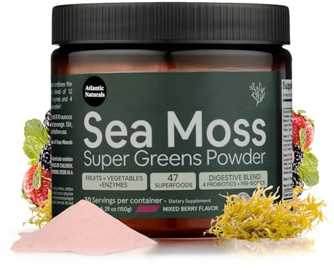 Atlantic Naturals Organic Sea Moss Super Greens Powder | Daily Greens Superfood for Energy, Digestion, Skin & Immune Support | Enriched with Fruits, Veggies & Probiotics – Mixed Berry Flavor 5000mg