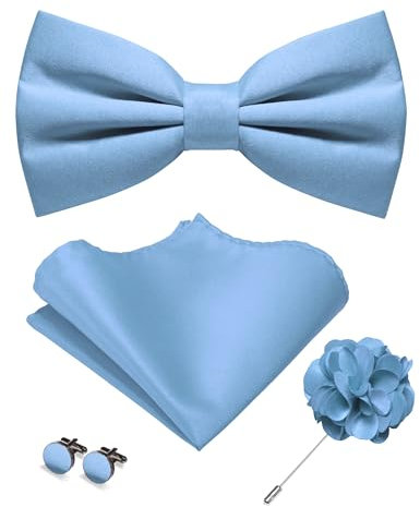 JEMYGINS Herren Matte Einfarbige Fliege mit Taschentuch Manschettenknöpfen und Ansteckblume Set hellblau