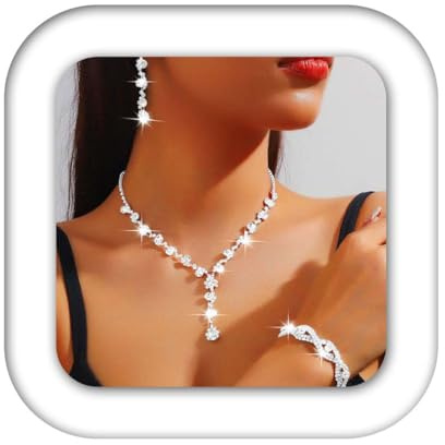 Reaky Bridal Jewelry Set Silver Rhinestone Necklace Sets Sparkly Earring and Necklaces 3 Pcs Bride Wedding Jewellery for Women (Silver)