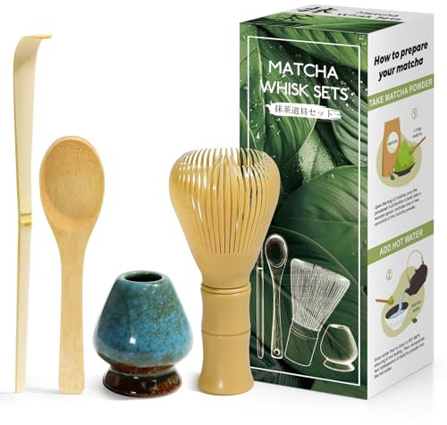 Kit da Cerimonia giapponese Matcha 4 Pezzi, Frusta Matcha Gialla in Resinoso, Cucchiaio in Bambù, Paletta in Bambù, Porta Frullino, Matcha Set per la bevanda - Blu sogno