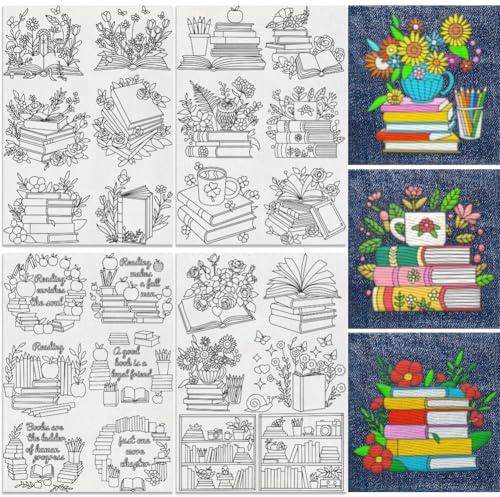 DOODLREAM Lot de 24 stabilisateurs de couture à la main solubles dans l'eau pour livres et fleurs 20,3 x 45,7 cm - Motif de broderie - 4 feuilles de bibliothèque - Feuille de bâton et de papier à