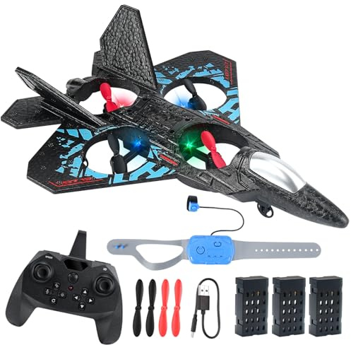 RC Plane, Remote Control Wireless Airplane Toy - RC Plane Re mote Contro l 2CH 2.4Ghz R C Pl ane with Lights, Remote Control Airplanes Foam R C Fighter Airlane Jet for Adults Kids (Black Dual remote)