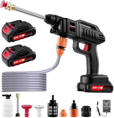 Worshow Limpiador de Alta Presión Inalámbrico, 21V 60Bar Hidrolimpiadora Portátil con 2 x 2000mAh Baterías, Manguera de 5M & Botella de Espuma para Limpiar Suelos, Coches, Jardines, con Cubo