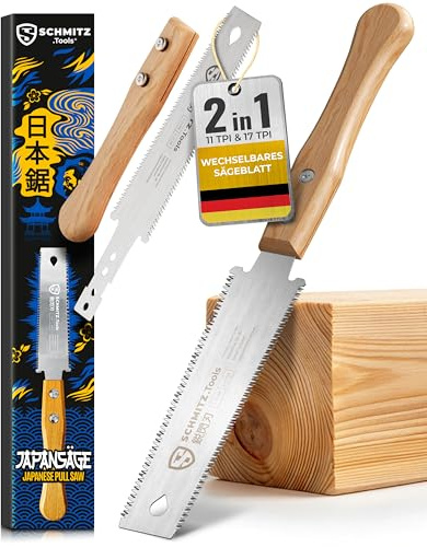 SCHMITZ.Tools Japansäge Handsäge Holz - Japanische Zugsäge - Extrem scharf, Doppelseitig 11/17 TPI - Japan Säge - Glatte & kontrollierte Schnitte - Japanese Saw – Japansäge Klein - Heller Griff