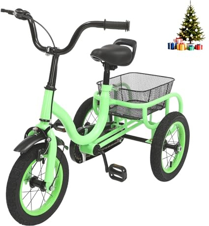 HUOMMGS Kinder Dreirad 12 Zoll Upgrade Kinderdreirad mit Großer Korb Höhenverstellbar Jugend Dreiräder für ab 2-5 Jahre Kinderfahrrad Mädchenfahrrad Jungenfahrrad für 90-115cm Kinders (Grün)