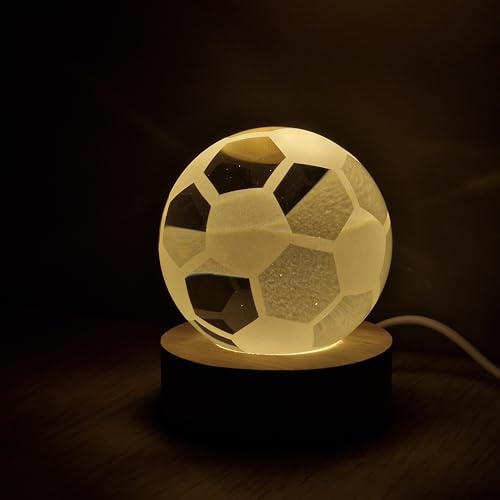 Lampada LED 3D Palla da Calcio su Base in Legno – Luce Notturna Decorativa Calcio per Cameretta, Regalo per Bambini, Tifosi e Sportivi – Design Moderno con Cavo USB, Luce Calda