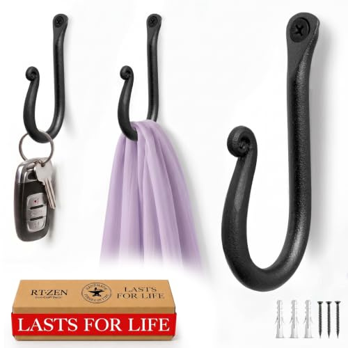 RTZEN Classic Farmhouse Wall Mount Multi-Use Wrought Iron Hook Set (3 Pack)