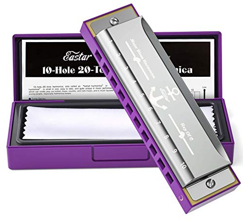 Eastar Major Blues Diatonic Harmonica, 10 Holes C Key Beginner for Kids Children Adults Students, with Hard Case and Cloth, Purple