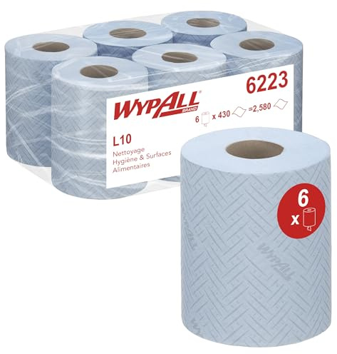WypAll® L10 Wiping Paper Rolls, Blue 1-Ply Centrefeed Rolls for Food & Hygiene Tasks – Embossed for Strength – 6 Rolls x 430 Sheets (2,580 Total), Model Nr. 6223