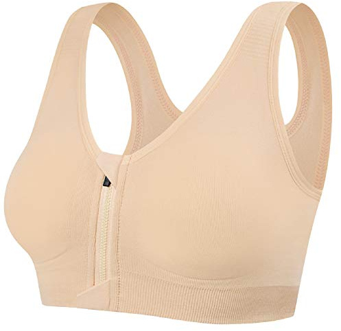 Tuopuda Sport-BH med dragkedja för kvinnor med hög effekt träning, dam, främre stängning, med ryggstöd, Beige, S