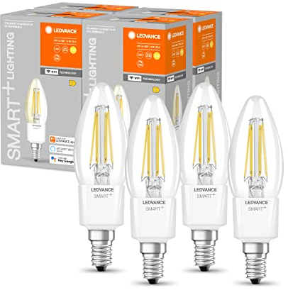 LEDVANCE Smarte LED-Lampe mit Wifi Technologie, Sockel E14, Dimmbar, Warmweiß (2700K), Kerzenform, Klares Filament, Ersatz für herkömmliche 40W-Glühbirnen, steuerbar mit Alexa, Google & App, 4er-Pack