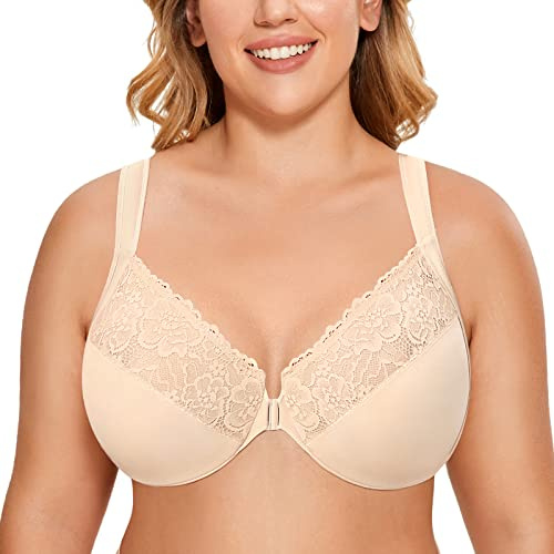 DELIMIRA Women's Front Closure Bras Plus Size Full Coverage Underwire Unlined Supportive Lace Bra Beige 42DD